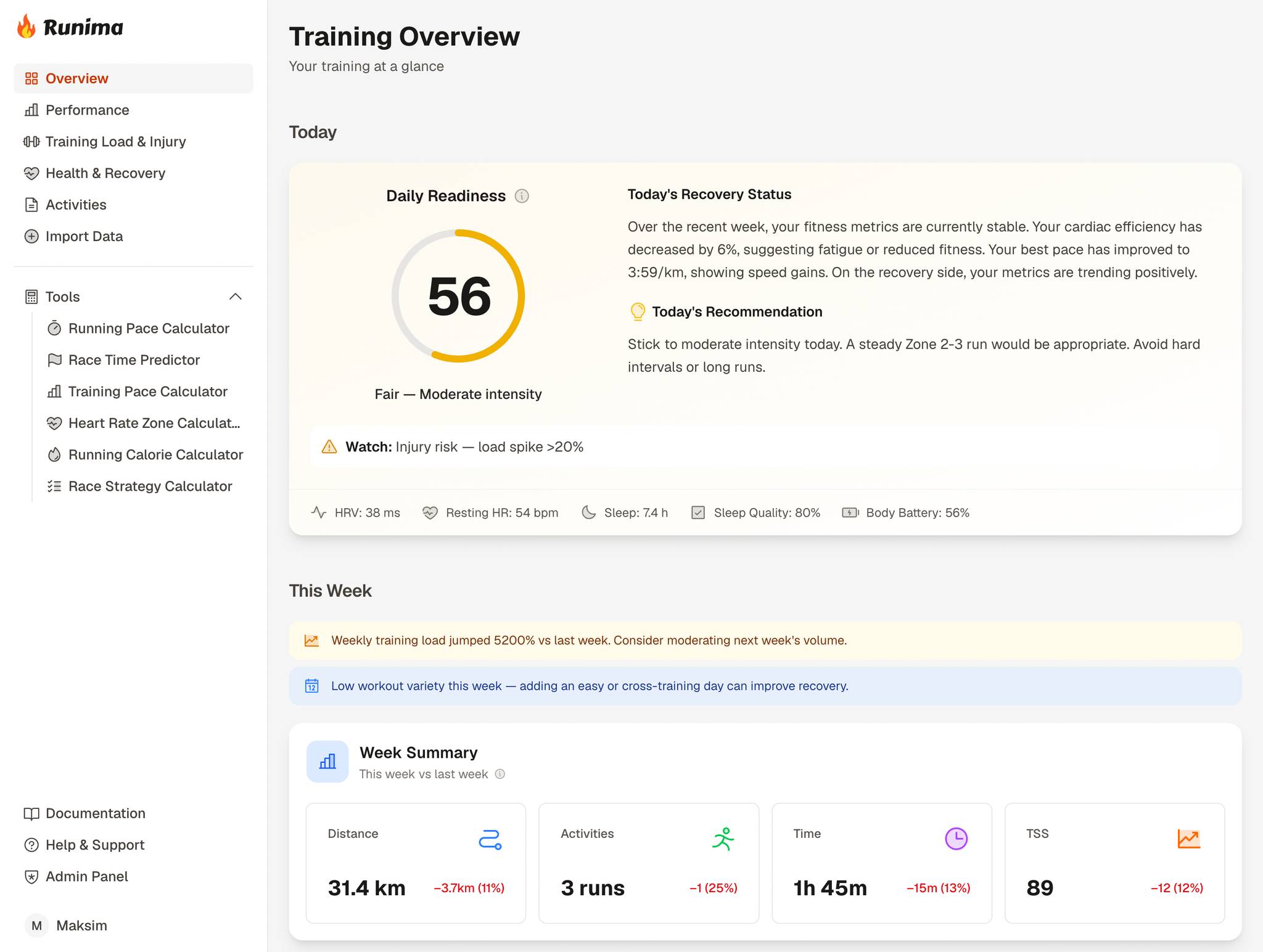 Runima training overview with daily readiness and weekly summary